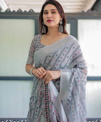 Grey printed art silk designer pallu saree 5