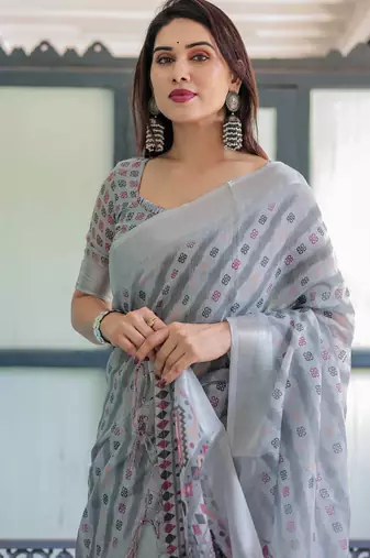 Grey printed art silk designer pallu saree