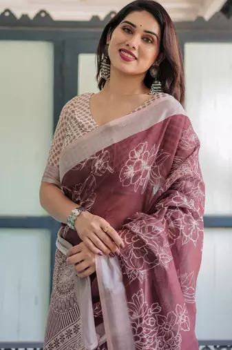 Maroon printed art silk designer pallu saree