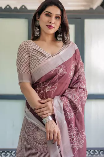 Maroon printed art silk designer pallu saree