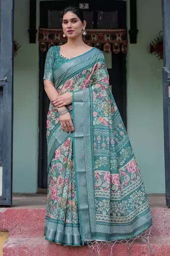 Teal printed art silk designer pallu saree
