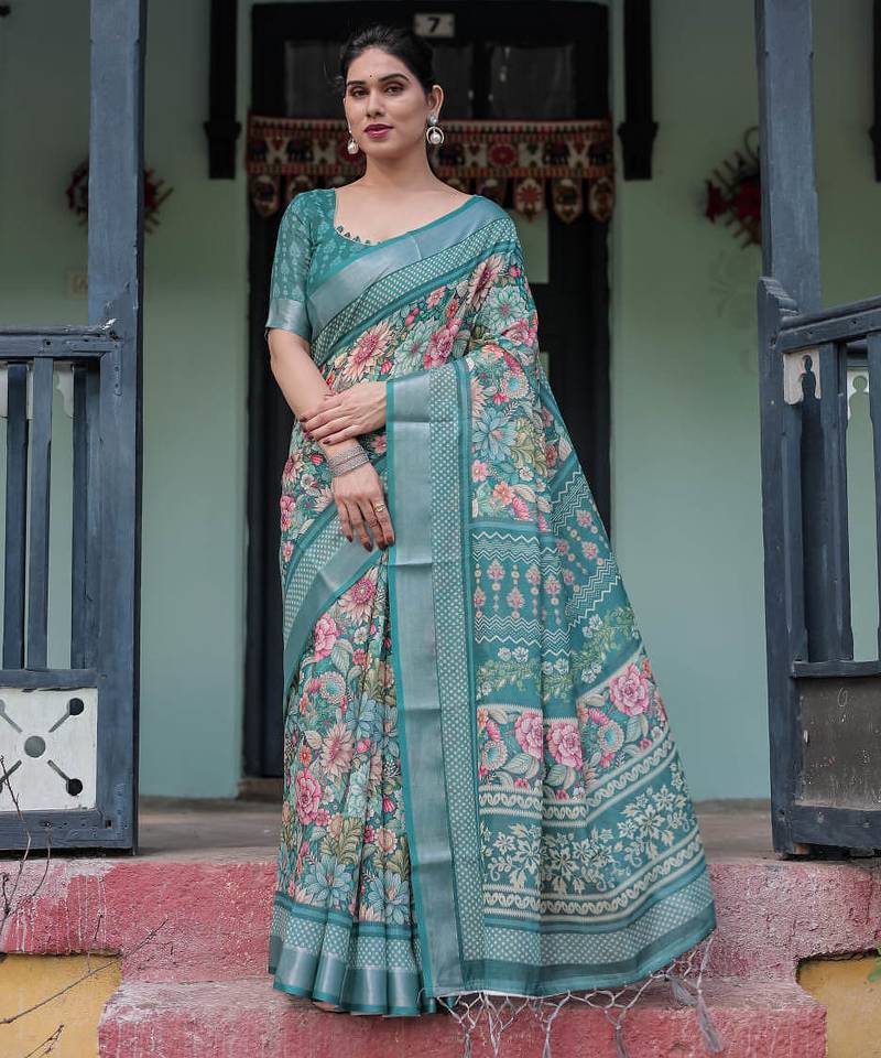 Teal printed art silk designer pallu saree