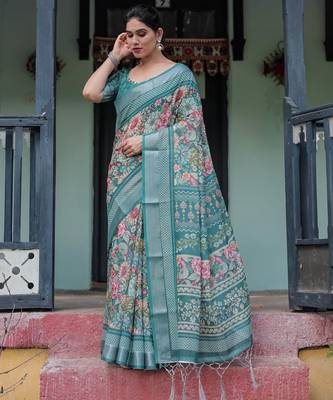 Teal printed art silk designer pallu saree 2
