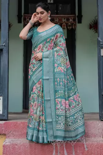 Teal printed art silk designer pallu saree
