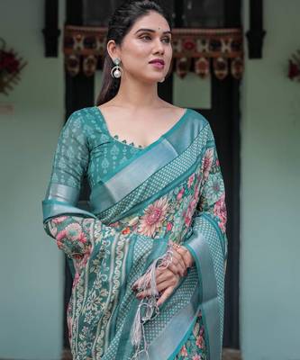 Teal printed art silk designer pallu saree 4