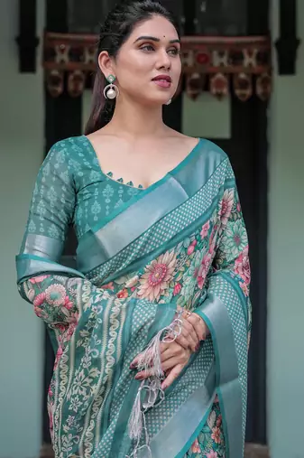 Teal printed art silk designer pallu saree