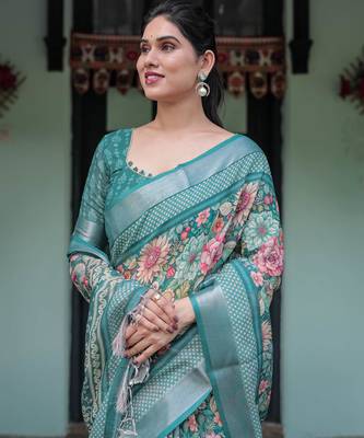 Teal printed art silk designer pallu saree 5
