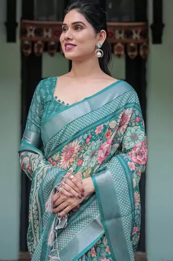 Teal printed art silk designer pallu saree