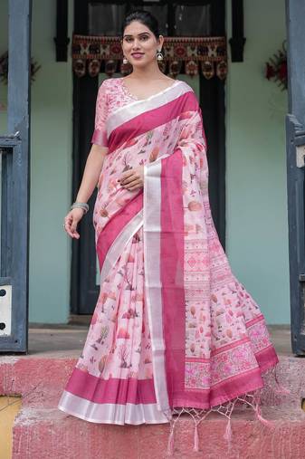 Baby pink printed art silk designer pallu saree