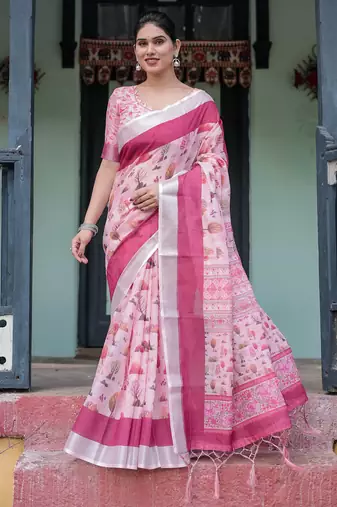 Baby pink printed art silk designer pallu saree