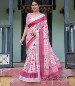 Baby pink printed art silk designer pallu saree