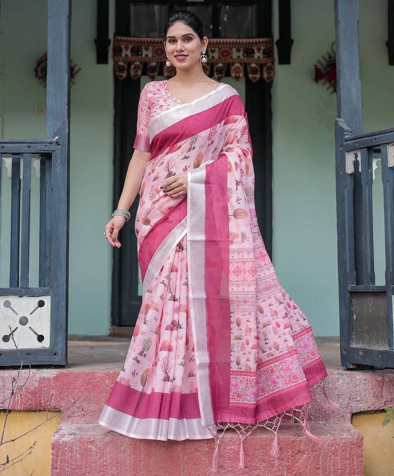 Baby pink printed art silk designer pallu saree