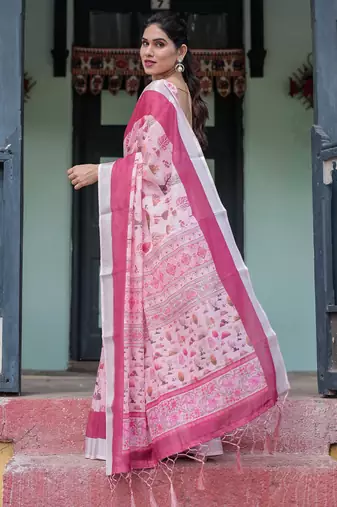 Baby pink printed art silk designer pallu saree