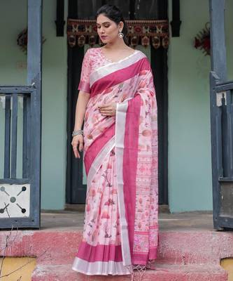 Baby pink printed art silk designer pallu saree 4