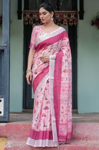 Baby pink printed art silk designer pallu saree