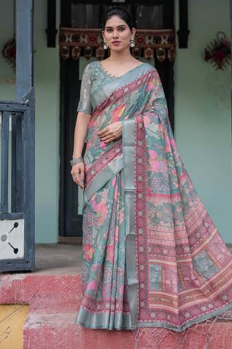 Grey printed art silk designer pallu saree