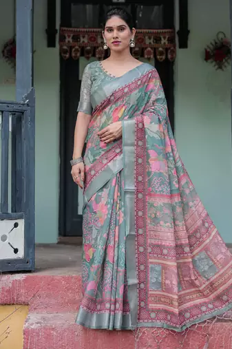 Grey printed art silk designer pallu saree