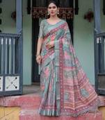 Grey printed art silk designer pallu saree