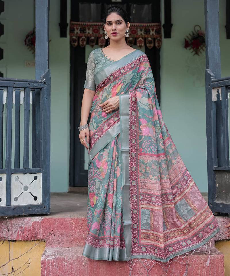 Grey printed art silk designer pallu saree