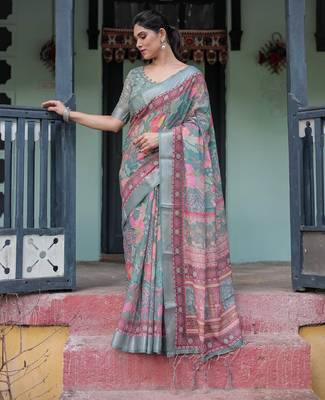 Grey printed art silk designer pallu saree 2
