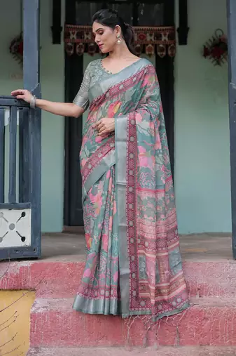 Grey printed art silk designer pallu saree