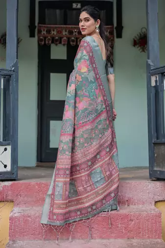 Grey printed art silk designer pallu saree