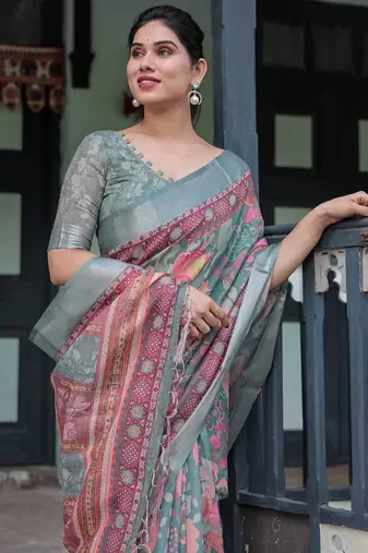 Grey printed art silk designer pallu saree