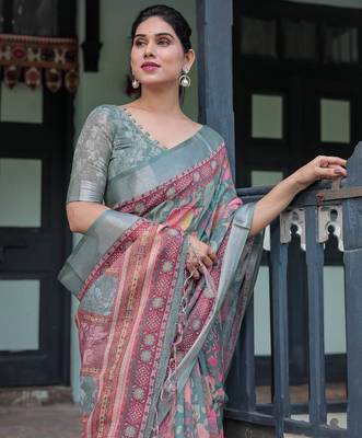 Grey printed art silk designer pallu saree 5