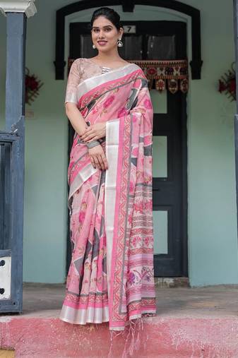 Baby pink printed art silk designer pallu saree