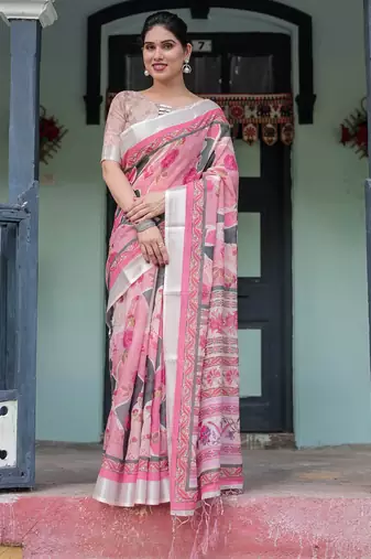 Baby pink printed art silk designer pallu saree