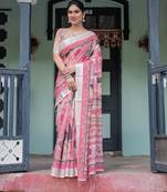 Baby pink printed art silk designer pallu saree