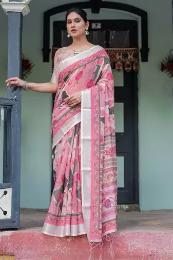 Baby pink printed art silk designer pallu saree