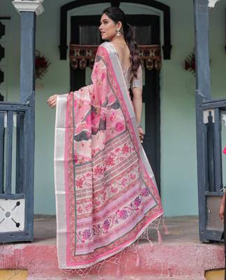 Baby pink printed art silk designer pallu saree 3