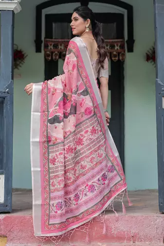 Baby pink printed art silk designer pallu saree