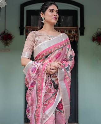 Baby pink printed art silk designer pallu saree 4