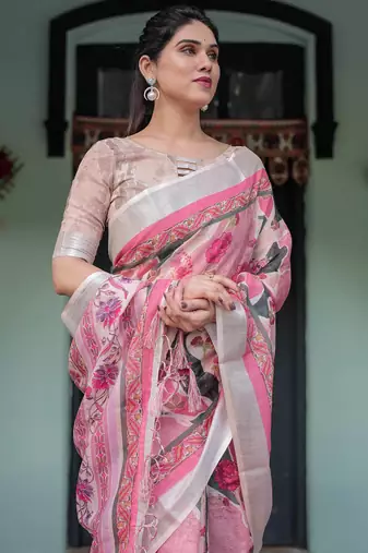 Baby pink printed art silk designer pallu saree