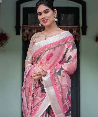 Baby pink printed art silk designer pallu saree 5
