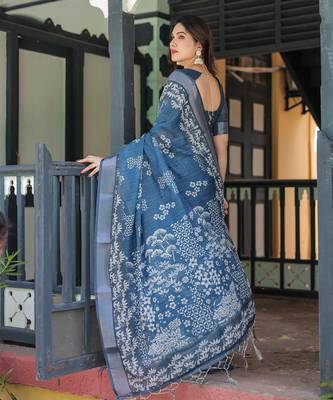 Teal printed art silk designer pallu saree 2