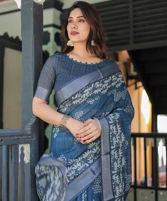 Teal printed art silk designer pallu saree 4