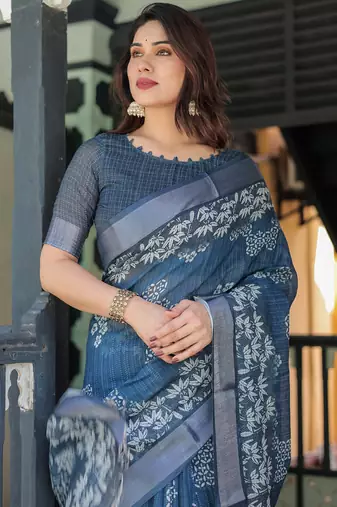 Teal printed art silk designer pallu saree