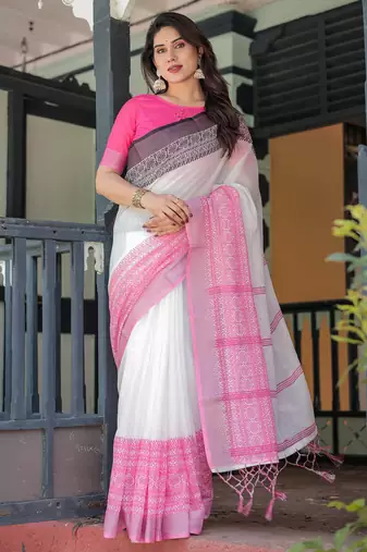 White printed art silk designer pallu saree