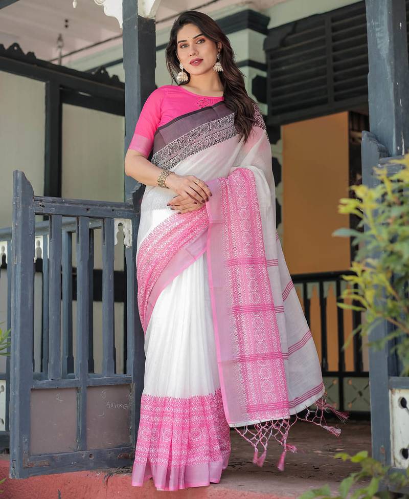 White printed art silk designer pallu saree