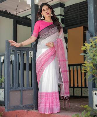 White printed art silk designer pallu saree 2