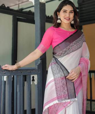 White printed art silk designer pallu saree 3