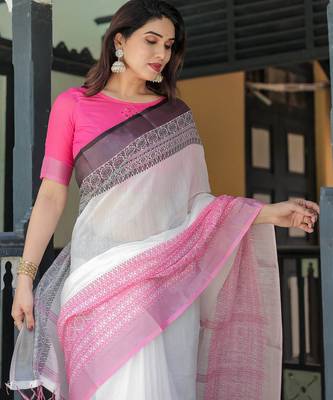 White printed art silk designer pallu saree 4