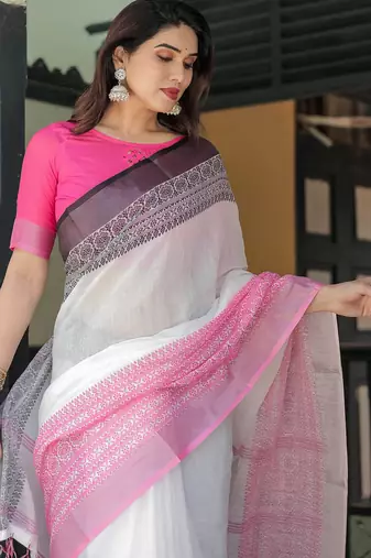White printed art silk designer pallu saree