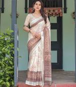 Cream printed art silk designer pallu saree