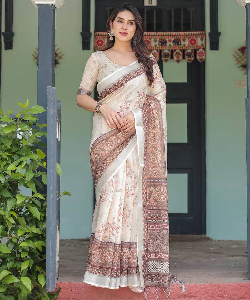 Cream printed art silk designer pallu saree