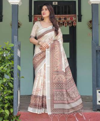 Cream printed art silk designer pallu saree 2
