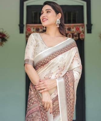 Cream printed art silk designer pallu saree 4
